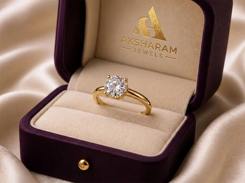 Luxury lab grown diamond ring in Aksharam Jewels branded jewelry box