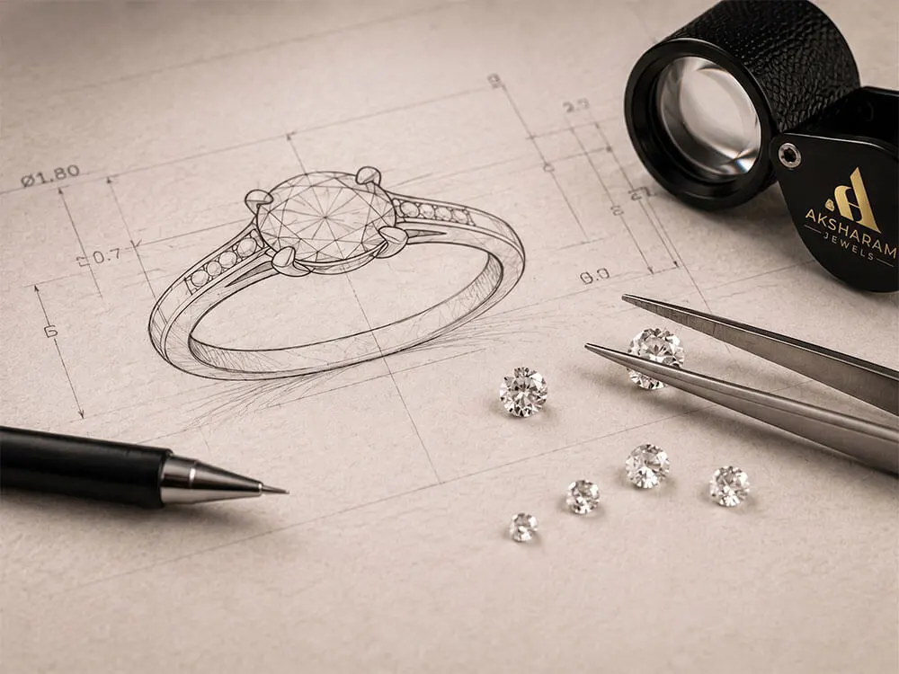 Custom lab grown diamond ring sketch and jewelry design process at Aksharam Jewels
