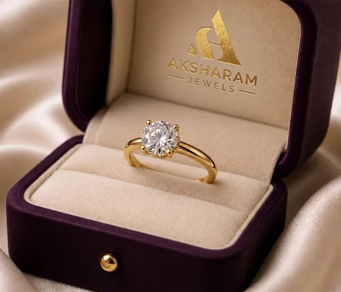 Luxury lab grown diamond ring in Aksharam Jewels branded jewelry box