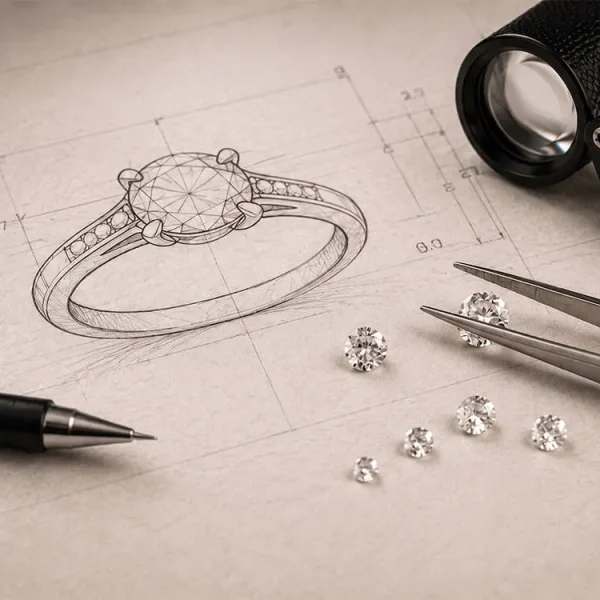 Custom lab grown diamond ring sketch and jewelry design process at Aksharam Jewels